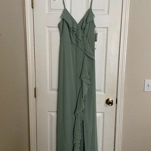 DB Studio Ruffle Spaghetti-Strap Chiffon Dress with Slit